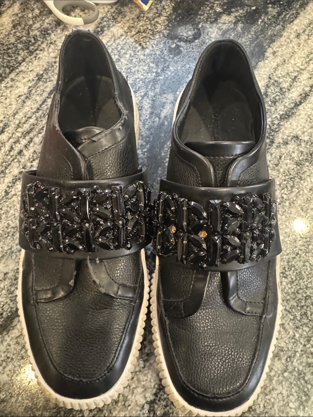 Karl Lagerfeld Black Pebbled Leather Slip-On Loafers with Beaded Strap